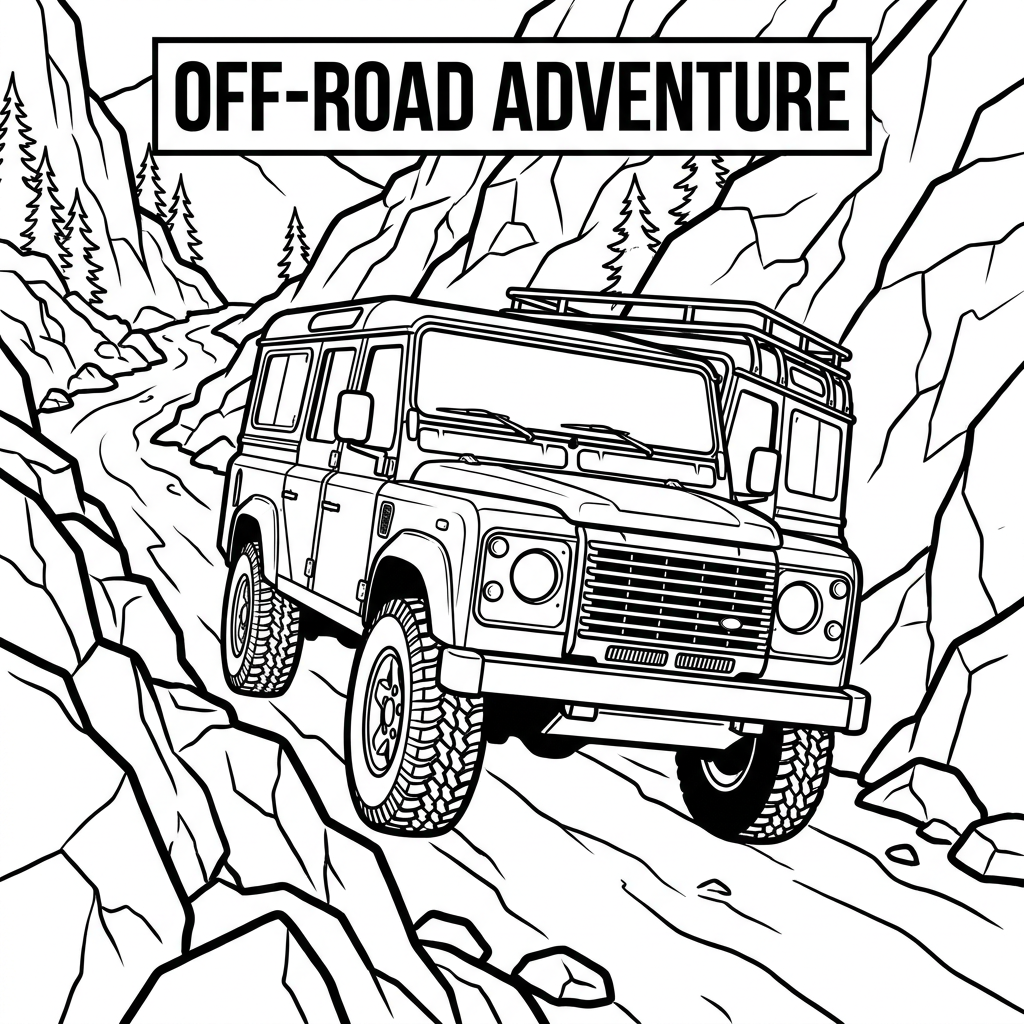 AI Design for A clean, high-contrast black and white line art coloring book illustration of a 1992  110 Land Rover Defender navigating a steep, rugged rocky mountain trail. The drawing features bold outlines, minimal shading, and crisp white negative space, capturing the classic boxy silhouette of the vehicle with detailed tire treads and mountain textures. "Front three-quarter view of a car driving diagonally upward towards the top left, steep mountain road, cinematic lighting."