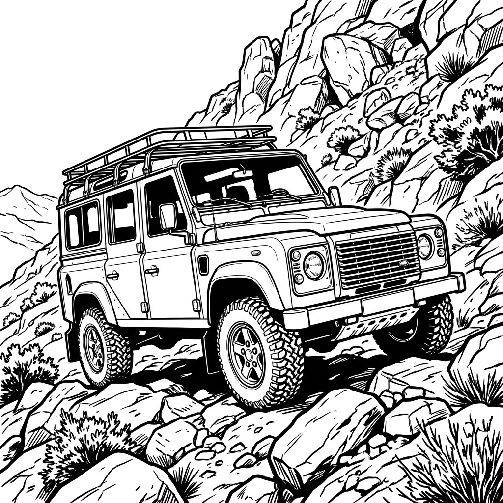 AI Design for A clean, high-contrast black and white line art coloring book illustration of a 1992 Land Rover Defender navigating a steep, rugged rocky mountain trail. The drawing features bold outlines, minimal shading, and crisp white negative space, capturing the classic boxy silhouette of the vehicle with detailed tire treads and mountain textures.