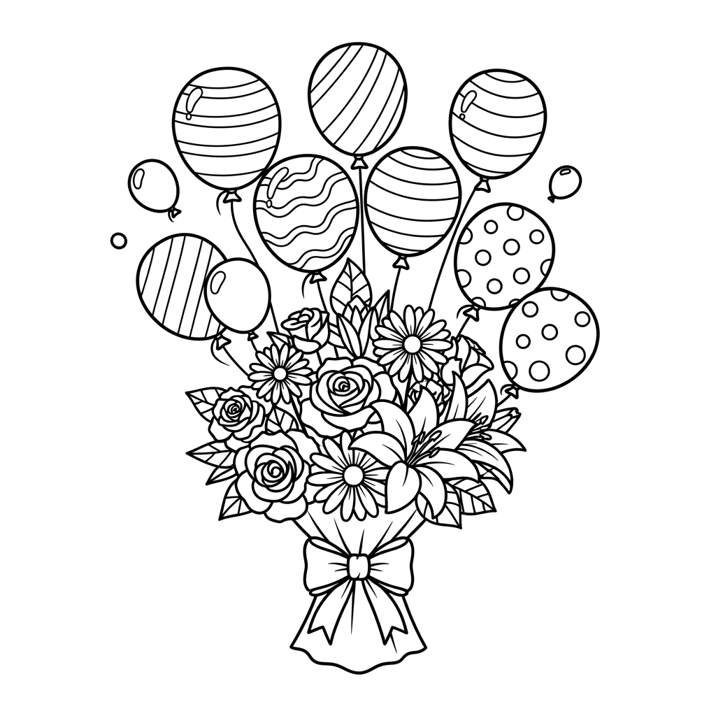 AI Design for A high-contrast, clean black and white line art illustration designed for coloring, featuring a festive birthday arrangement of blooming flowers and floating balloons. The composition is clear and open with bold outlines, no shading, and a white background, perfect for a coloring page.