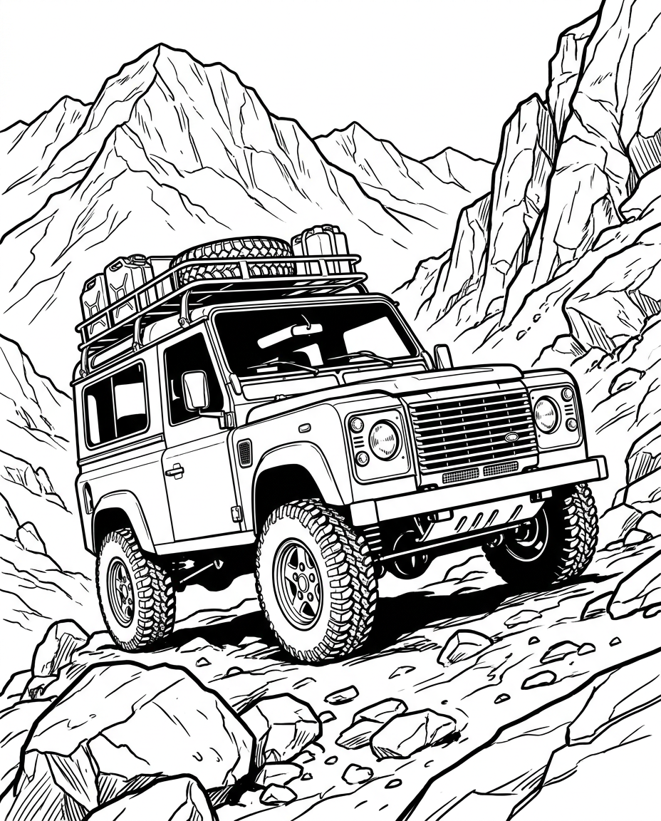 AI Design for A clean, high-contrast black and white line art coloring book illustration of a 1992 Land Rover Defender navigating a steep, rugged rocky mountain trail. The drawing features bold outlines, minimal shading, and crisp white negative space, capturing the classic boxy silhouette of the vehicle with detailed tire treads and mountain textures.