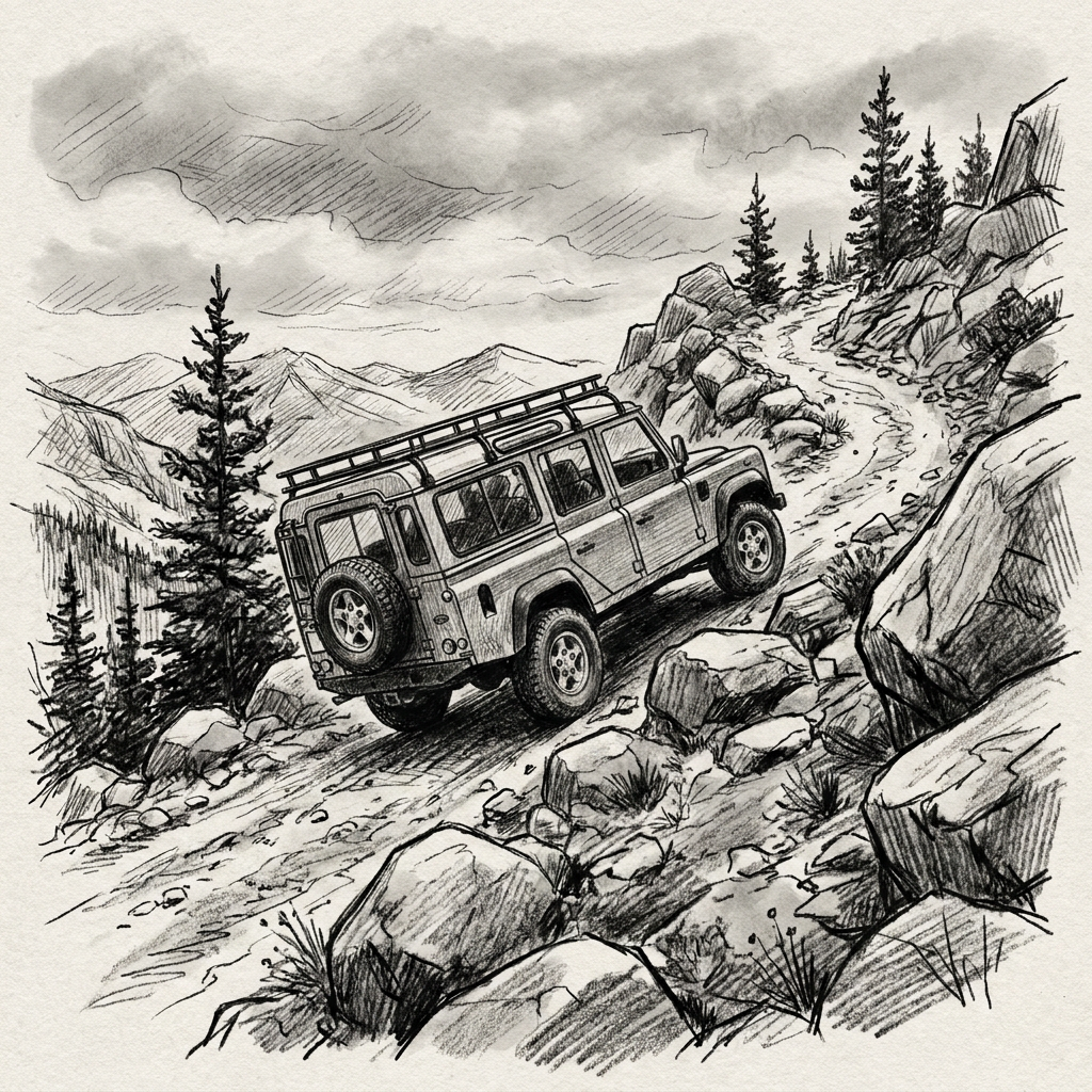 AI Design for create land rover defender 1992 black and white drawing. driving up rocky mountain