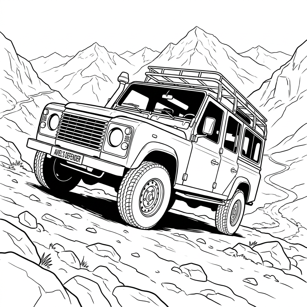 AI Design for A Land Rover Defender identical to the one in the reference, front three-quarter view, climbing a steep mountain road diagonally towards the top left, empty vehicle, no passengers, clean aesthetic, cinematic lighting
 Coloring book page, black and white line art, clean sketch. A Land Rover Defender identical to the reference, front three-quarter view, climbing a steep mountain road diagonally towards the top left, empty vehicle, no passengers, high contrast, clean bold outlines, white background