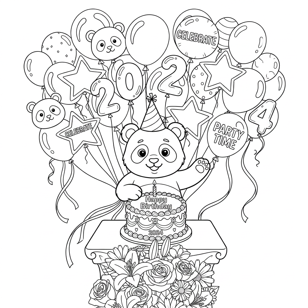 AI Design for B&W birthday card of panda with cake and balloons