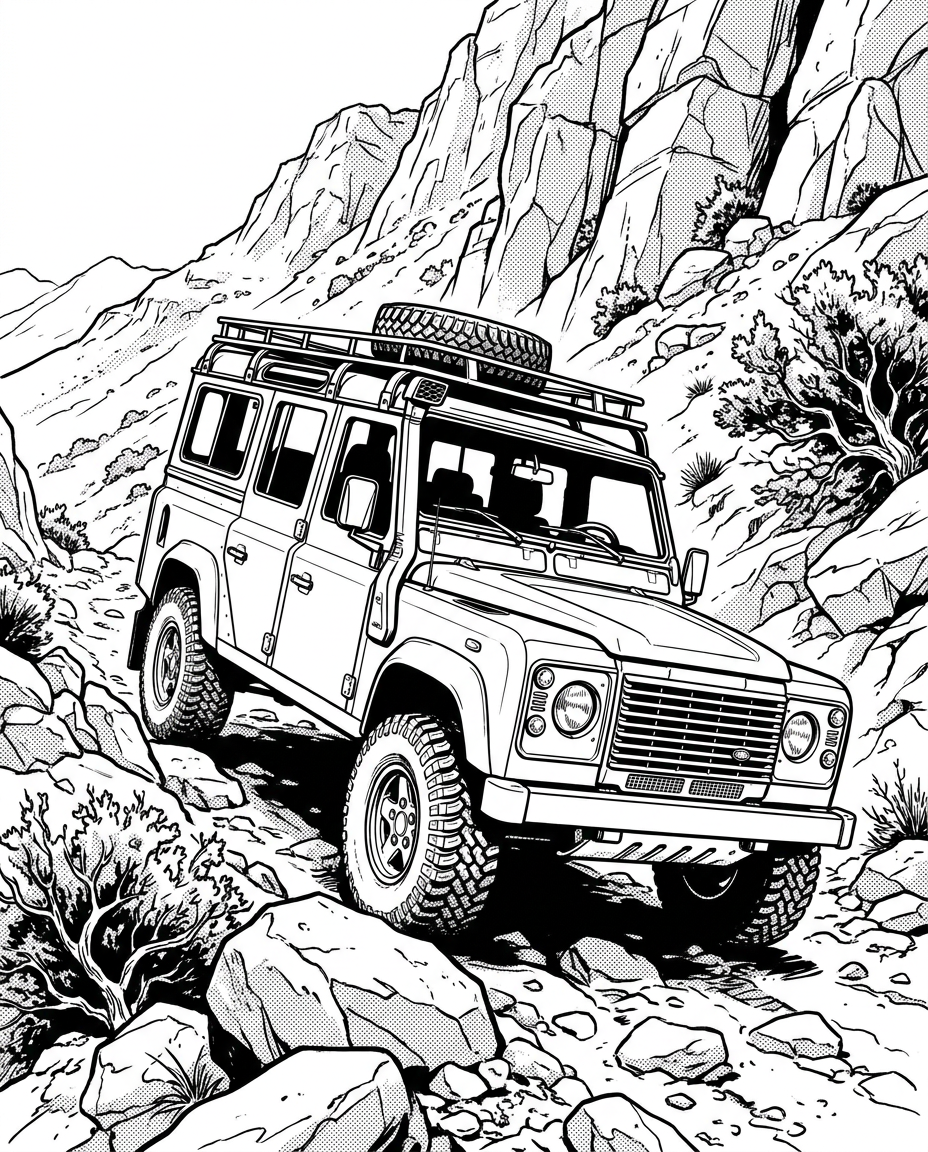AI Design for A clean, high-contrast black and white line art coloring book illustration of a 1992  110 Land Rover Defender navigating a steep, rugged rocky mountain trail. The drawing features bold outlines, minimal shading, and crisp white negative space, capturing the classic boxy silhouette of the vehicle with detailed tire treads and mountain textures. "Front three-quarter view of a car driving diagonally upward towards the top left, steep mountain road, cinematic lighting."