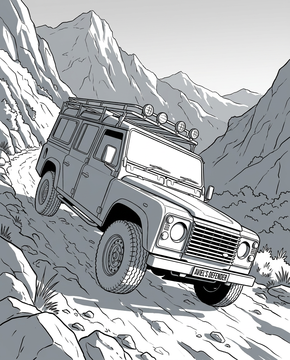 AI Design for A Land Rover Defender identical to the one in the reference, front three-quarter view, climbing a steep mountain road diagonally towards the top left, empty vehicle, no passengers, clean aesthetic, cinematic lighting