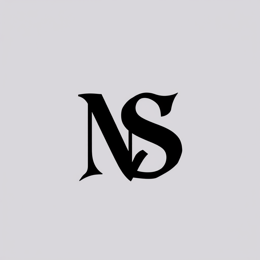 AI Design for Attached image uses N and S as words representing Nayaab Syaahiwala. Design a logo for Nayaab Syaahiwala, a lyricist celebrated for his unique writing style that blends poetic depth with the dynamic energy of rap. The logo should exude creativity, individuality, and timeless appeal, serving as the cornerstone for his customized merchandise line. Focus on a clean, modern aesthetic that incorporates subtle calligraphic or ink-inspired elements to symbolize his name ('Syaahiwala,' meaning 'inkman') and his artistic essence. The design should be versatile, bold, and iconic, capable of resonating with a diverse audience while reflecting his artistic ethos and personal brand