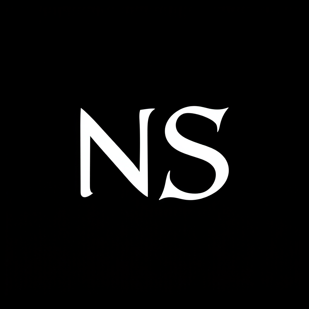AI Design for Attached image uses N and S as words representing Nayaab Syaahiwala. Design a logo for Nayaab Syaahiwala, a lyricist celebrated for his unique writing style that blends poetic depth with the dynamic energy of rap. The logo should exude creativity, individuality, and timeless appeal, serving as the cornerstone for his customized merchandise line. Focus on a clean, modern aesthetic that incorporates subtle calligraphic or ink-inspired elements to symbolize his name ('Syaahiwala,' meaning 'inkman') and his artistic essence. The design should be versatile, bold, and iconic, capable of resonating with a diverse audience while reflecting his artistic ethos and personal brand