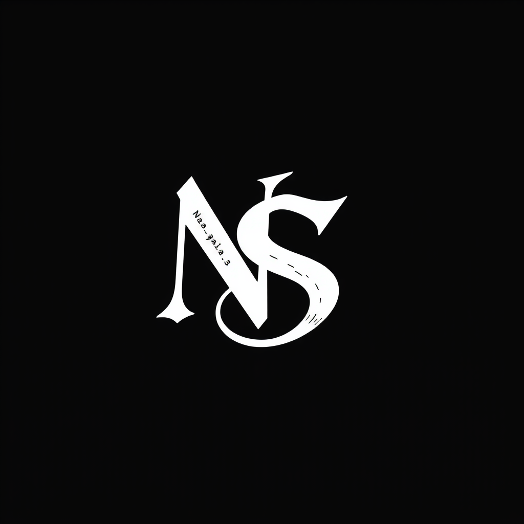 AI Design for Attached image uses N and S as words representing Nayaab Syaahiwala. Design a logo for Nayaab Syaahiwala, a lyricist celebrated for his unique writing style that blends poetic depth with the dynamic energy of rap. The logo should exude creativity, individuality, and timeless appeal, serving as the cornerstone for his customized merchandise line. Focus on a clean, modern aesthetic that incorporates subtle calligraphic or ink-inspired elements to symbolize his name ('Syaahiwala,' meaning 'inkman') and his artistic essence. The design should be versatile, bold, and iconic, capable of resonating with a diverse audience while reflecting his artistic ethos and personal brand