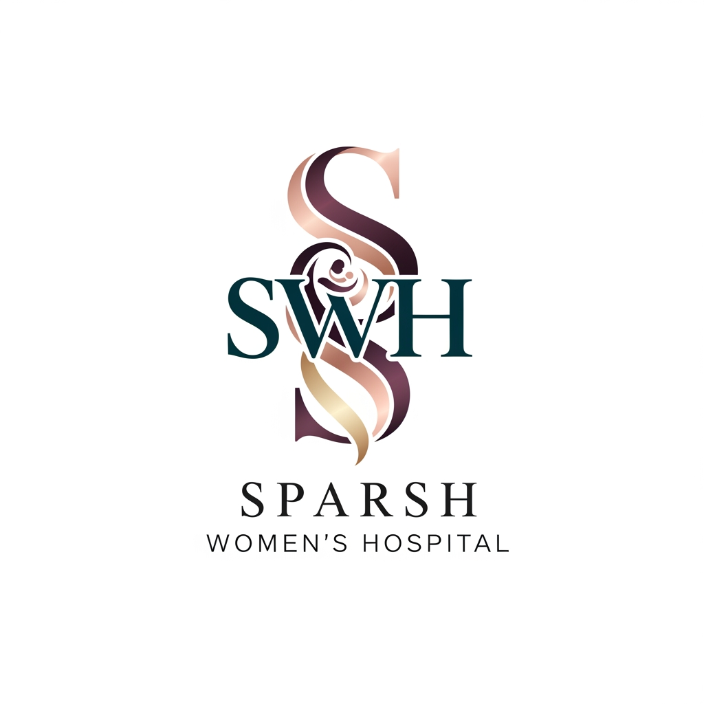 Create a luxury monogram logo for “Sparsh Women’s Hospital” using the initials SWH or only S. The monogram should include subtle curves representing maternity, women care, and child care. Make it modern, minimal, elegant, and premium. Use refined color palette like midnight teal with rose gold, deep plum with champagne, or soft ivory with muted maroon. Add clean premium typography below the monogram. Vector logo on white background.