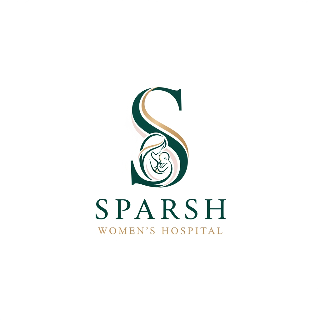 Create a creative premium logo for “Sparsh Women’s Hospital” using the letter S as the main symbol. The S should be designed with a hidden mother and baby silhouette inside it, using minimal line art. The logo should look luxurious, modern, soft, and professional. Use premium hospital-friendly colors like emerald teal, champagne gold, blush pink, ivory, or muted purple. Add elegant typography with a clean luxury font. Minimal vector logo, white background, balanced spacing.