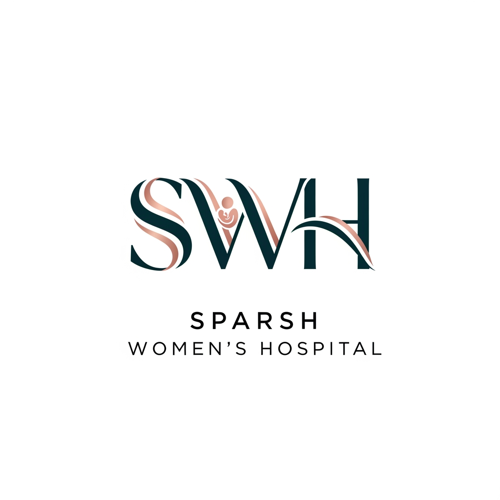 Create a luxury monogram logo for “Sparsh Women’s Hospital” using the initials SWH or only S. The monogram should include subtle curves representing maternity, women care, and child care. Make it modern, minimal, elegant, and premium. Use refined color palette like midnight teal with rose gold, deep plum with champagne, or soft ivory with muted maroon. Add clean premium typography below the monogram. Vector logo on white background.