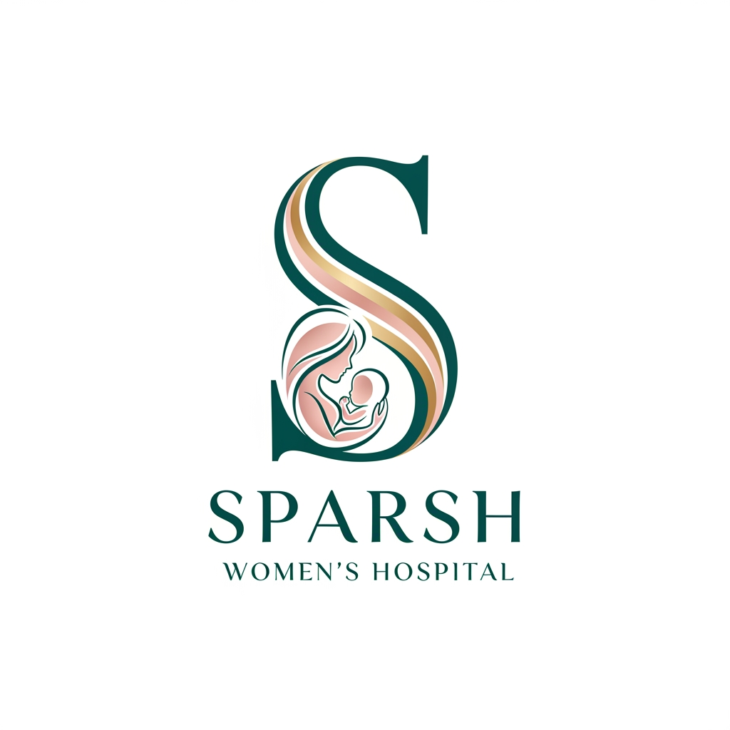 Create a creative premium logo for “Sparsh Women’s Hospital” using the letter S as the main symbol. The S should be designed with a hidden mother and baby silhouette inside it, using minimal line art. The logo should look luxurious, modern, soft, and professional. Use premium hospital-friendly colors like emerald teal, champagne gold, blush pink, ivory, or muted purple. Add elegant typography with a clean luxury font. Minimal vector logo, white background, balanced spacing.