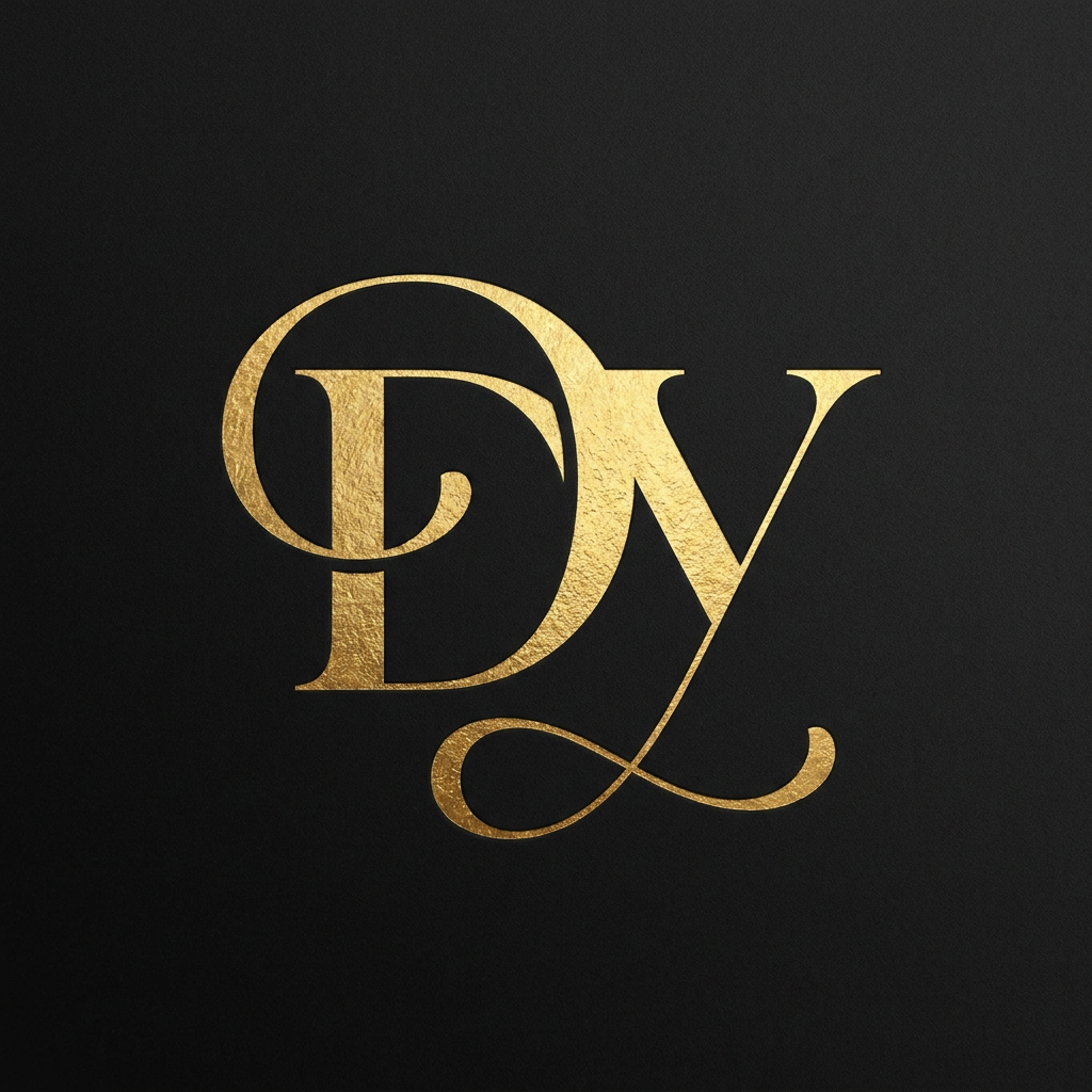 AI Design for A sophisticated and minimalist monogram logo featuring the intertwined letters 'DY'. The design utilizes elegant, flowing serif typography with gold-foil texture on a deep matte black background, capturing a sense of high-end luxury, refined craftsmanship, and timeless professional branding.