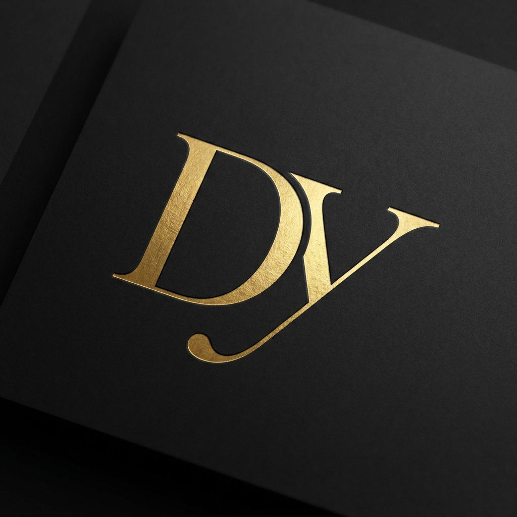 AI Design for A sophisticated and minimalist monogram logo featuring the intertwined letters 'DY'. The design utilizes elegant, flowing serif typography with gold-foil texture on a deep matte black background, capturing a sense of high-end luxury, refined craftsmanship, and timeless professional branding.