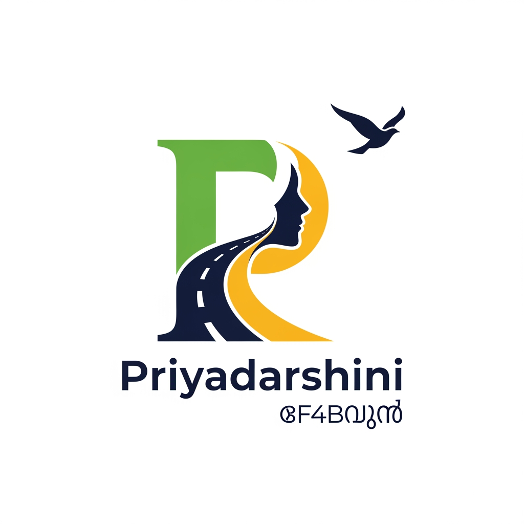 AI Design for Design a premium, award-winning vector logo for "Priyadarshini", a Kerala Government initiative promoting women's mobility, empowerment, and free public transportation through KSRTC.

Create a clever monogram using the letter "P". The vertical stroke of the "P" transforms into a smooth road, symbolizing safe and accessible travel. The curved section of the "P" forms the elegant side profile of a confident woman using negative space. At the end of the road, integrate a minimal flying bird, symbolizing freedom, independence, opportunity, and the ability to move forward without barriers.

The logo should communicate:

* Women's Empowerment
* Freedom of Movement
* Public Transportation
* Inclusion and Accessibility
* Progress and Social Development

Style:
Minimalist vector design, strong negative space, clean geometric construction, modern government identity, timeless and memorable symbol, international logo competition quality.

Color Palette:

* Kerala Green (#0E7A3D)
* Deep Navy (#173F5F)
* Golden Yellow (#F4B400)

Requirements:

* Flat vector only
* No gradients, shadows, or 3D effects
* Must work perfectly in black and white
* Scalable for bus branding, tickets, websites, mobile apps, and official documents
* Balanced composition with a strong visual hierarchy

Typography:
Use a clean modern sans-serif typeface for "Priyadarshini". Optionally include the Malayalam text "പ്രിയദർശിനി" beneath the English name.

Keywords:
female profile, letter P logo, road icon, flying bird, freedom, mobility, empowerment, Kerala government scheme, KSRTC, minimal vector logo, negative space logo, civic branding, award-winning identity design, professional logo presentation on white background.