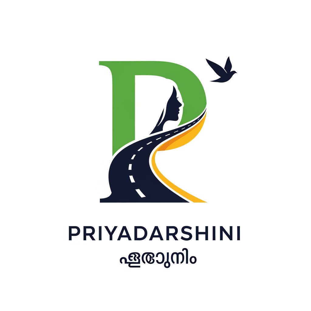 AI Design for Design a premium, award-winning vector logo for "Priyadarshini", a Kerala Government initiative promoting women's mobility, empowerment, and free public transportation through KSRTC.

Create a clever monogram using the letter "P". The vertical stroke of the "P" transforms into a smooth road, symbolizing safe and accessible travel. The curved section of the "P" forms the elegant side profile of a confident woman using negative space. At the end of the road, integrate a minimal flying bird, symbolizing freedom, independence, opportunity, and the ability to move forward without barriers.

The logo should communicate:

* Women's Empowerment
* Freedom of Movement
* Public Transportation
* Inclusion and Accessibility
* Progress and Social Development

Style:
Minimalist vector design, strong negative space, clean geometric construction, modern government identity, timeless and memorable symbol, international logo competition quality.

Color Palette:

* Kerala Green (#0E7A3D)
* Deep Navy (#173F5F)
* Golden Yellow (#F4B400)

Requirements:

* Flat vector only
* No gradients, shadows, or 3D effects
* Must work perfectly in black and white
* Scalable for bus branding, tickets, websites, mobile apps, and official documents
* Balanced composition with a strong visual hierarchy

Typography:
Use a clean modern sans-serif typeface for "Priyadarshini". Optionally include the Malayalam text "പ്രിയദർശിനി" beneath the English name.

Keywords:
female profile, letter P logo, road icon, flying bird, freedom, mobility, empowerment, Kerala government scheme, KSRTC, minimal vector logo, negative space logo, civic branding, award-winning identity design, professional logo presentation on white background.