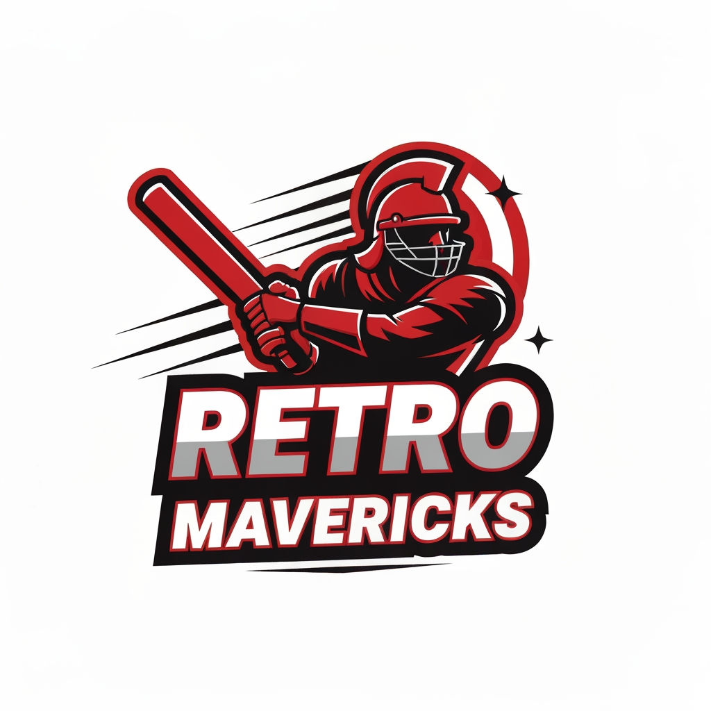 AI Design for Create an aggressive warrior-style cricket team logo for “RETRO MAVERICKS”.
Include a heroic cricket player silhouette or warrior helmet holding a bat.
Add dynamic lines for motion and energy.
Bold lettering with retro flair.
Color palette: red, black, white.
Tournament-grade vector logo, no background.