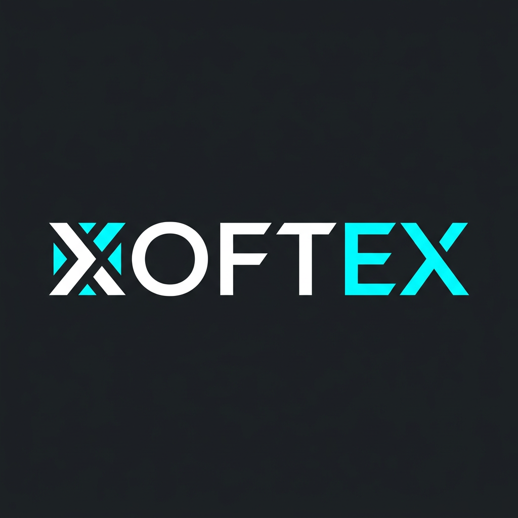 AI Design for Modern corporate tech wordmark logo displaying the text "XOFTEX". Modern geometric sans-serif font with custom futuristic angular cuts on the letter "X". High contrast white and bright cyan lettering on a dark background. Balanced kerning, professional tech enterprise branding, minimalist vector typography, crisp edges.