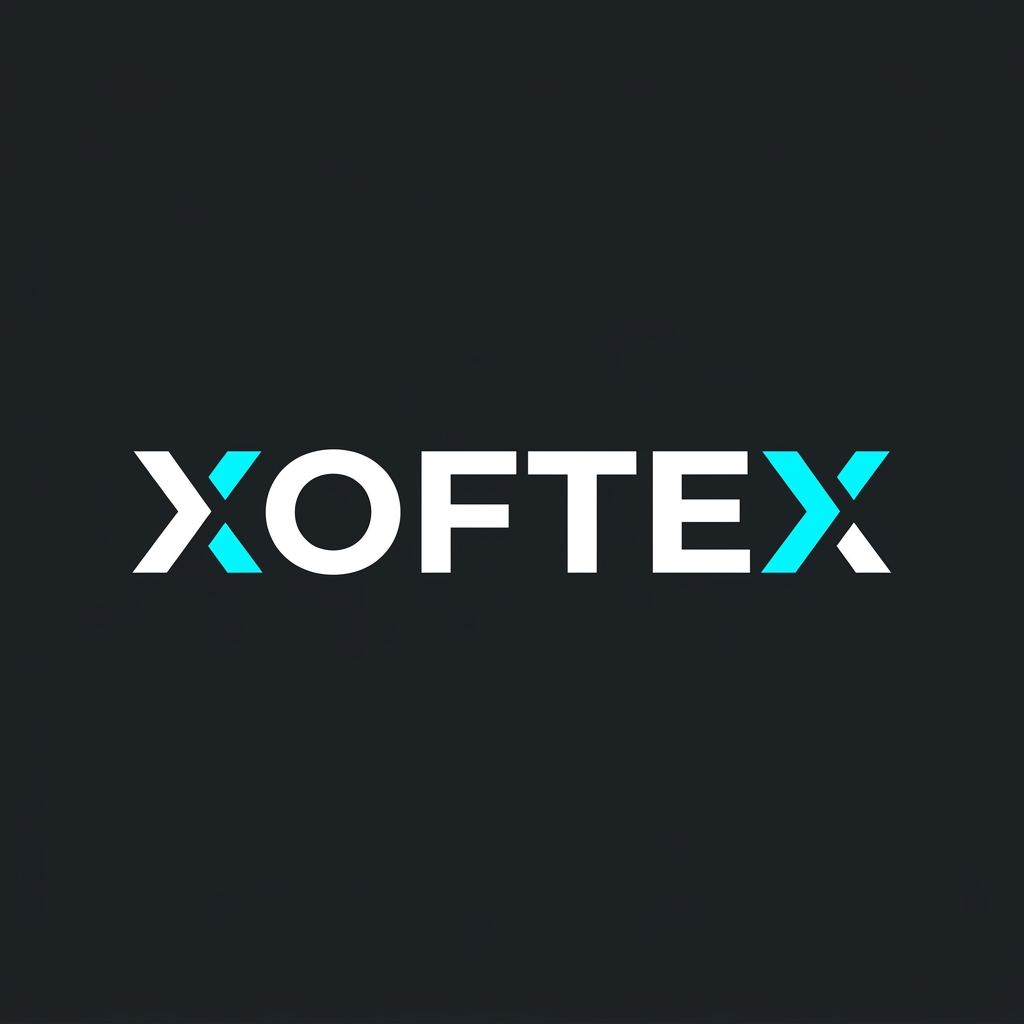 AI Design for Modern corporate tech wordmark logo displaying the text "XOFTEX". Modern geometric sans-serif font with custom futuristic angular cuts on the letter "X". High contrast white and bright cyan lettering on a dark background. Balanced kerning, professional tech enterprise branding, minimalist vector typography, crisp edges.