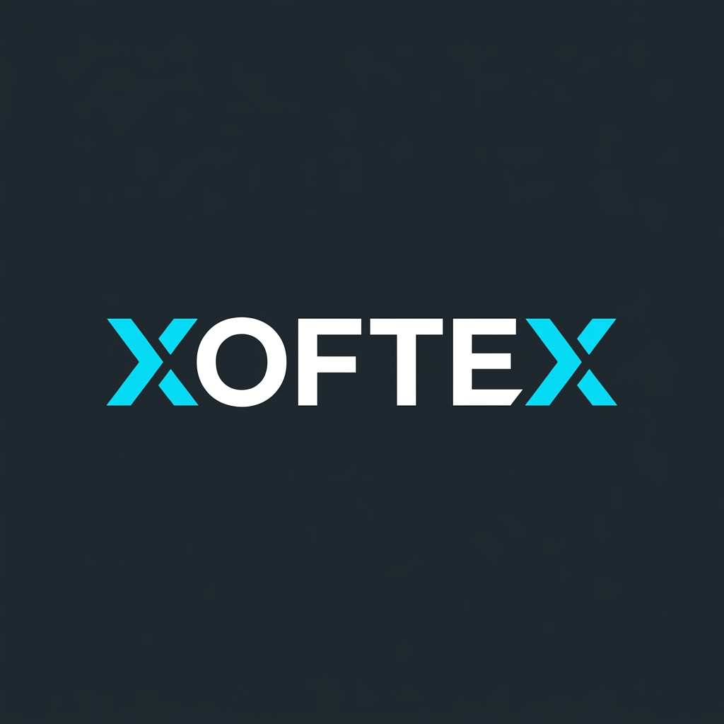 AI Design for Modern corporate tech wordmark logo displaying the text "XOFTEX". Modern geometric sans-serif font with custom futuristic angular cuts on the letter "X". High contrast white and bright cyan lettering on a dark background. Balanced kerning, professional tech enterprise branding, minimalist vector typography, crisp edges.