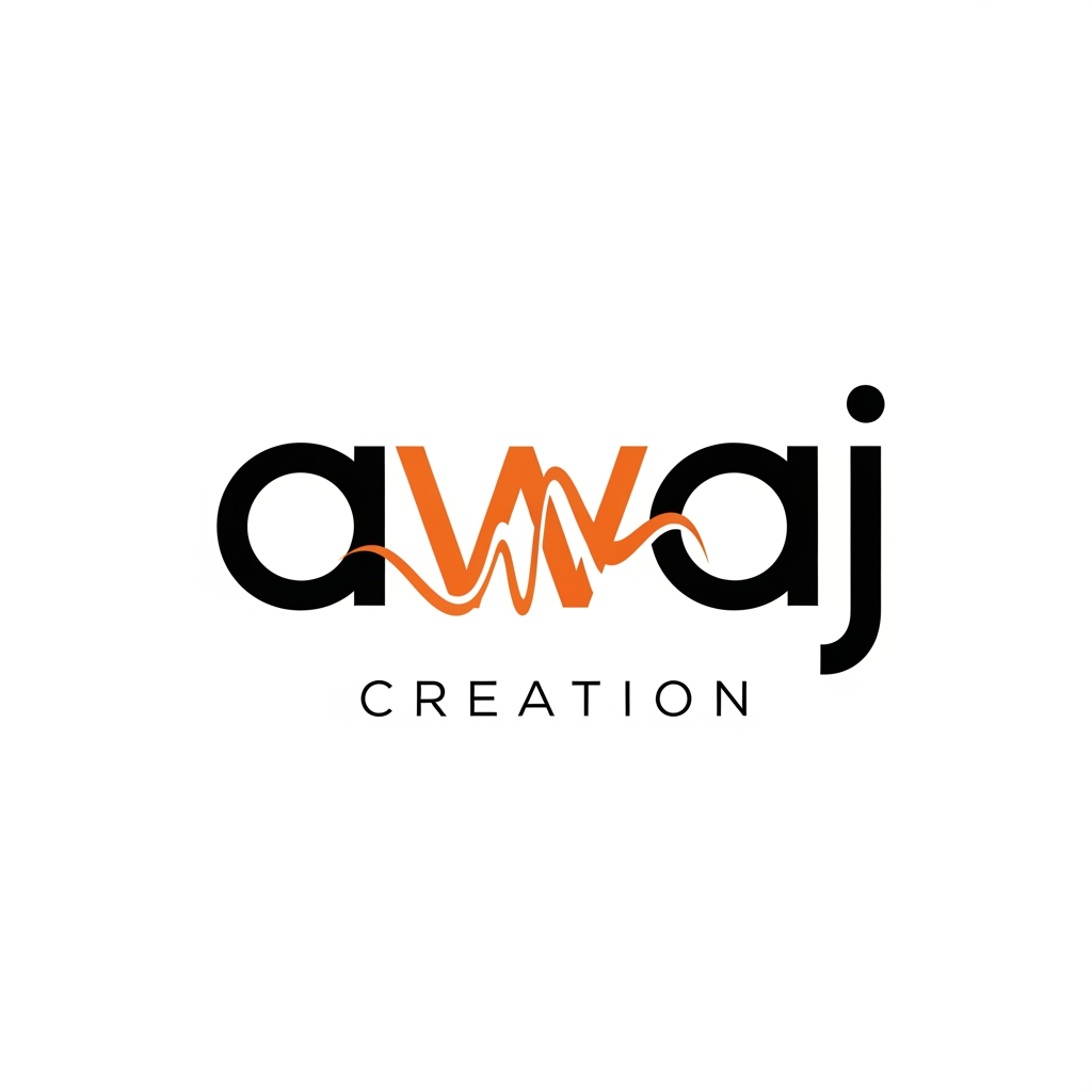 Design a premium typography logo for a modern digital content creation brand named“awaj creation”. The letter “a” should be highly rounded and geometric. Transform the “w” into a sleek custom soundwave/audio-wave shape that flows naturally with the typography while also ensuring that it is highly similar to the word w. Use balanced stroke thickness across all letters. Main typography in matte black with the waveform “w” in vibrant orange. Place “creation” below in smaller spaced lowercase letters with elegant tracking. Flat vector logo, centered composition, ultra clean, modern creative agency aesthetic, premium branding style, no mockup, no 3D, no gradients, no shadows, no background elements, highly refined kerning and spacing