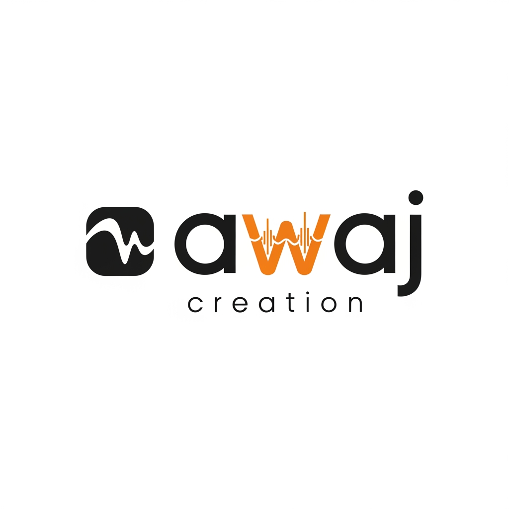 Design a premium typography logo for a modern digital content creation brand named“awaj creation”. The letter “a” should be highly rounded and geometric. Transform the “w” into a sleek custom soundwave/audio-wave shape that flows naturally with the typography while also ensuring that it is highly similar to the word w. Use balanced stroke thickness across all letters. Main typography in matte black with the waveform “w” in vibrant orange. Place “creation” below in smaller spaced lowercase letters with elegant tracking. Flat vector logo, centered composition, ultra clean, modern creative agency aesthetic, premium branding style, no mockup, no 3D, no gradients, no shadows, no background elements, highly refined kerning and spacing. Also add a relevant icon add the starting part of the logo that represents the overall logo. Make sure you do not use typography or basic symbols such as voice, microphone, audio, speaker, etc.