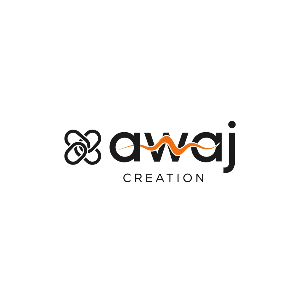 Design a premium typography logo for a modern digital content creation brand named“awaj creation”. The letter “a” should be highly rounded and geometric. Transform the “w” into a sleek custom soundwave/audio-wave shape that flows naturally with the typography while also ensuring that it is highly similar to the word w. Use balanced stroke thickness across all letters. Main typography in matte black with the waveform “w” in vibrant orange. Place “creation” below in smaller spaced lowercase letters with elegant tracking. Flat vector logo, centered composition, ultra clean, modern creative agency aesthetic, premium branding style, no mockup, no 3D, no gradients, no shadows, no background elements, highly refined kerning and spacing. Also add a relevant icon add the starting part of the logo that represents the overall logo. Make sure you do not use typography or basic symbols such as voice, microphone, audio, speaker, etc.