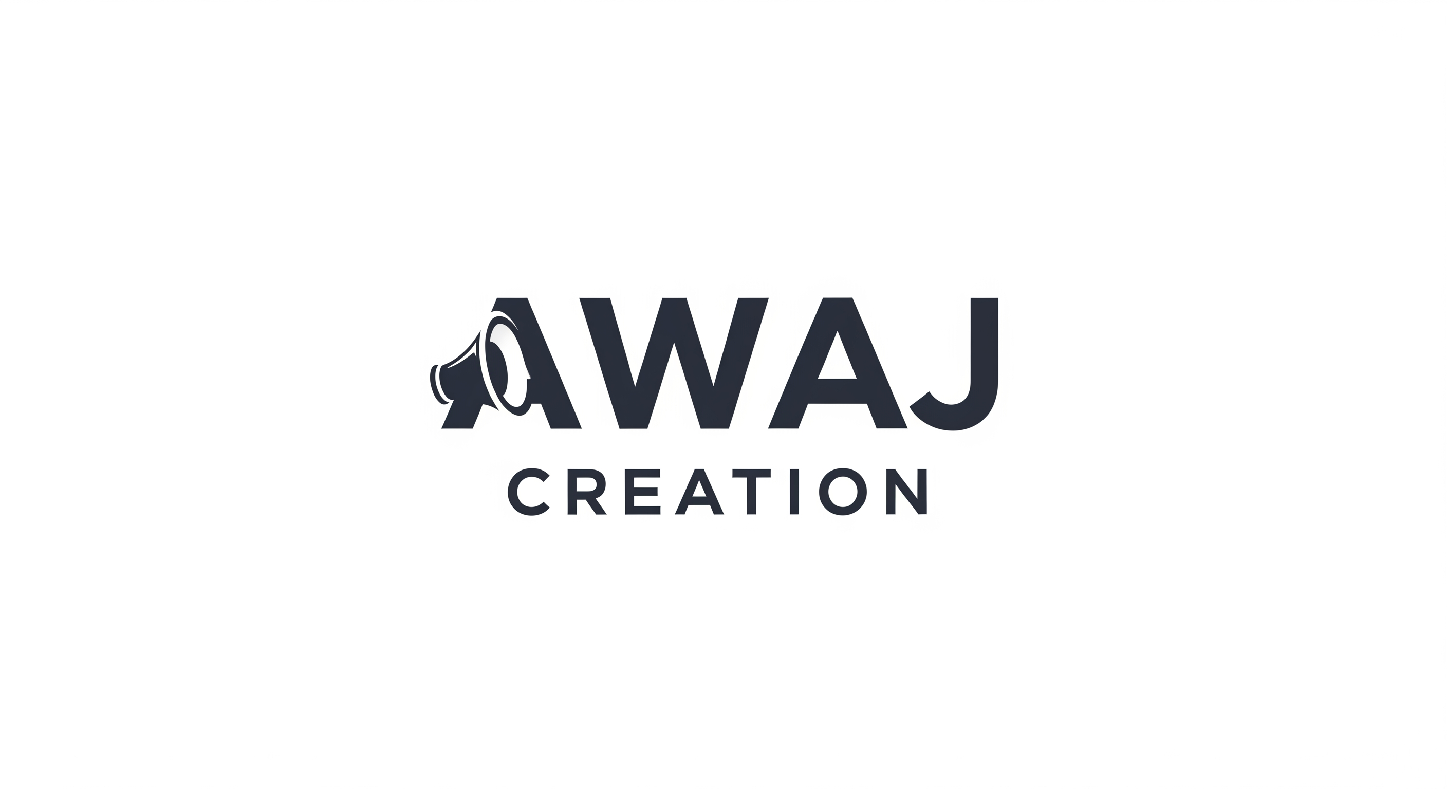 A professional and authoritative logo design featuring the text 'AWAJ CREATION' in a bold, modern, clean sans-serif typeface. The letter 'A' is uniquely modified to suggest an opening or a megaphone shape. Minimalist color palette of charcoal grey and white. Wide spacing for readability, high-end corporate aesthetic, clean composition with generous negative space.