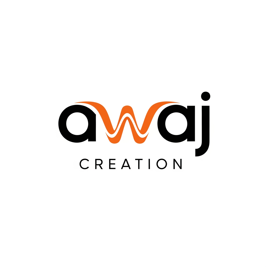 Design a premium typography logo for a modern digital content creation brand named“awaj creation”. The letter “a” should be highly rounded and geometric. Transform the “w” into a sleek custom soundwave/audio-wave shape that flows naturally with the typography while also ensuring that it is highly similar to the word w. Use balanced stroke thickness across all letters. Main typography in matte black with the waveform “w” in vibrant orange. Place “creation” below in smaller spaced lowercase letters with elegant tracking. Flat vector logo, centered composition, ultra clean, modern creative agency aesthetic, premium branding style, no mockup, no 3D, no gradients, no shadows, no background elements, highly refined kerning and spacing