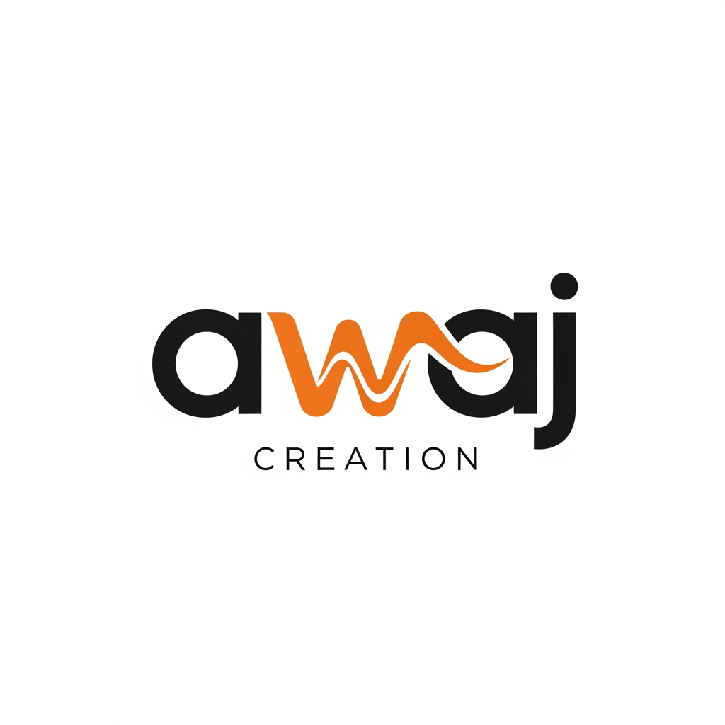 Design a premium typography logo for a modern digital content creation brand named“awaj creation”. The letter “a” should be highly rounded and geometric. Transform the “w” into a sleek custom soundwave/audio-wave shape that flows naturally with the typography while also ensuring that it is highly similar to the word w. Use balanced stroke thickness across all letters. Main typography in matte black with the waveform “w” in vibrant orange. Place “creation” below in smaller spaced lowercase letters with elegant tracking. Flat vector logo, centered composition, ultra clean, modern creative agency aesthetic, premium branding style, no mockup, no 3D, no gradients, no shadows, no background elements, highly refined kerning and spacing