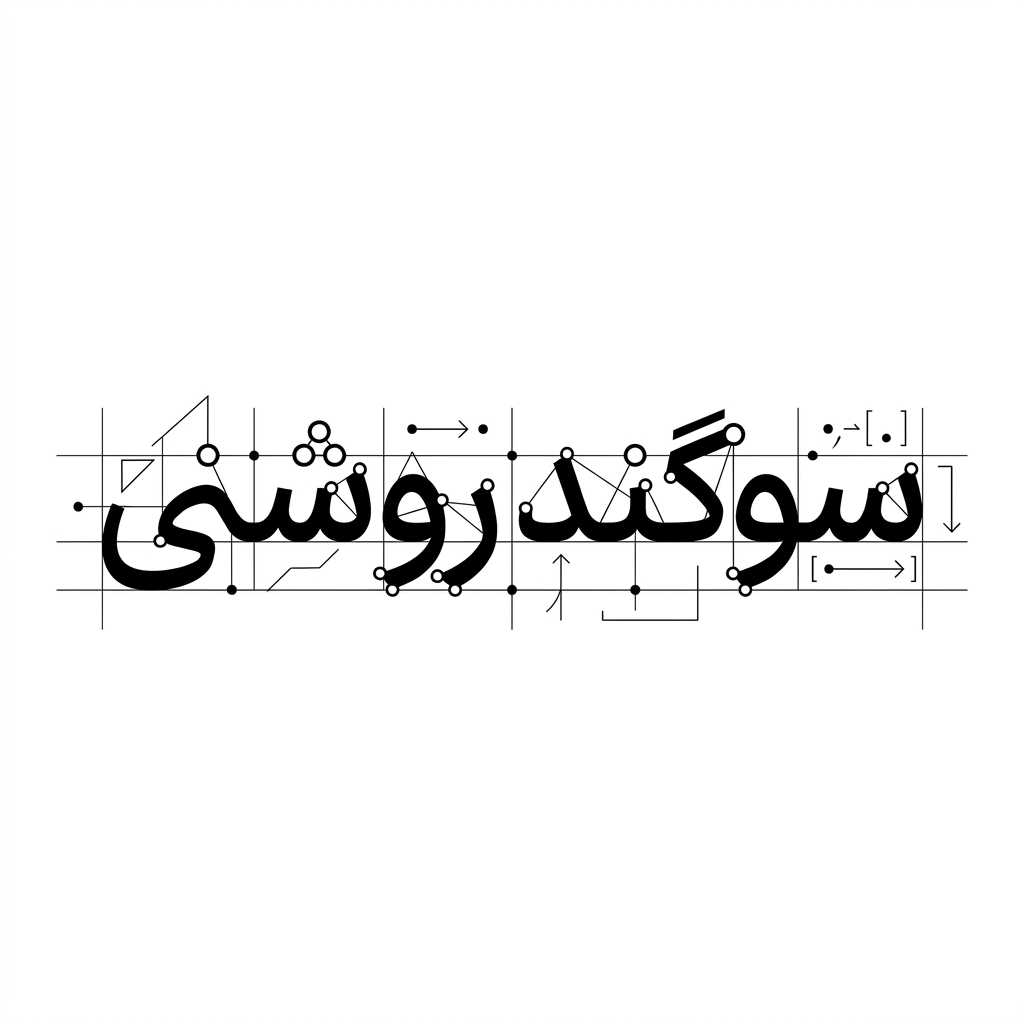 AI Design for An intricate vector logotype featuring the exact Persian text 'سوگند روشنی', styled with discrete mathematics and geometric graph theory. Letters formed by connected vertices, precise grid lines, mathematical nodes, sharp architectural angles, clean black vector typography on a minimalist white background, graphic design.