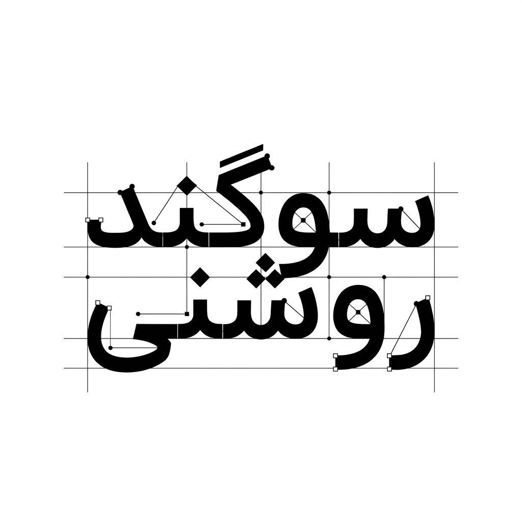 AI Design for An intricate vector logotype featuring the exact Persian text 'سوگند روشنی', styled with discrete mathematics and geometric graph theory. Letters formed by connected vertices, precise grid lines, mathematical nodes, sharp architectural angles, clean black vector typography on a minimalist white background, graphic design.