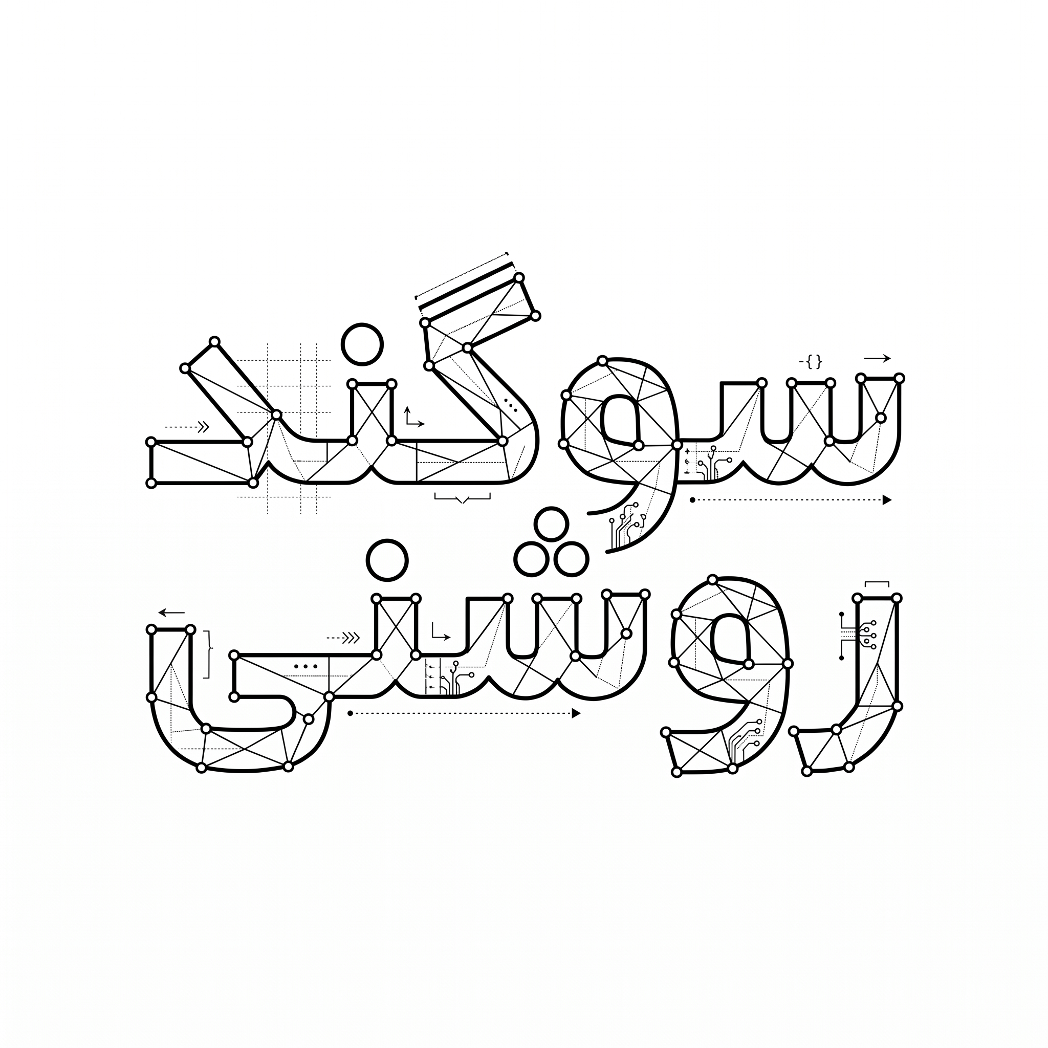 AI Design for An intricate vector logotype featuring the exact Persian text 'سوگند روشنی', styled with discrete mathematics and geometric graph theory. Letters formed by connected vertices, precise grid lines, mathematical nodes, sharp architectural angles, clean black vector typography on a minimalist white background, graphic design.