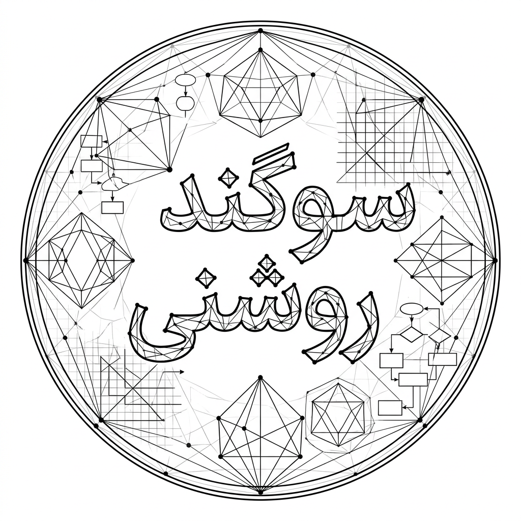 AI Design for An intricate vector logotype featuring the exact Persian text 'سوگند روشنی', elegantly framed by a geometric circle and discrete mathematics graph structures. Letters and surrounding elements formed by connected vertices, precise grid lines, mathematical nodes, sharp architectural angles, clean black vector typography on a minimalist white background.