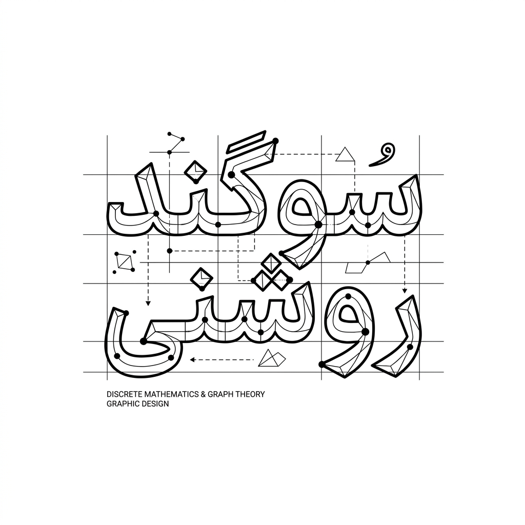 AI Design for An intricate vector logotype featuring the exact Persian text 'سوگند روشنی', styled with discrete mathematics and geometric graph theory. Letters formed by connected vertices, precise grid lines, mathematical nodes, sharp architectural angles, clean black vector typography on a minimalist white background, graphic design.