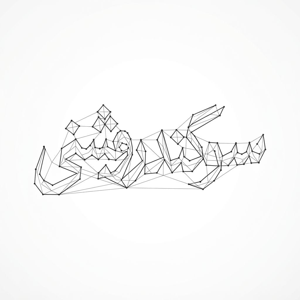 AI Design for An intricate vector logotype featuring the exact Persian text 'سوگند روشنی', styled with discrete mathematics and geometric graph theory. Letters formed by connected vertices, precise grid lines, mathematical nodes, sharp architectural angles, clean black vector typography on a minimalist white background, graphic design.