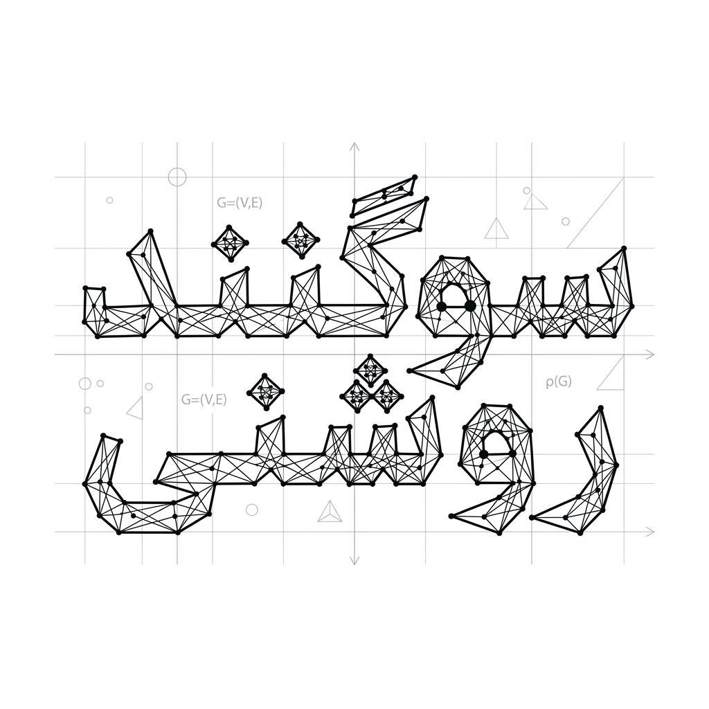 AI Design for An intricate vector logotype featuring the exact Persian text 'سوگند روشنی', styled with discrete mathematics and geometric graph theory. Letters formed by connected vertices, precise grid lines, mathematical nodes, sharp architectural angles, clean black vector typography on a minimalist white background, graphic design.