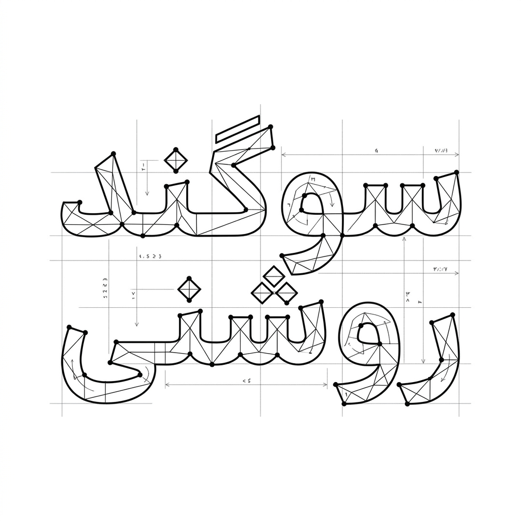 AI Design for An intricate vector logotype featuring the exact Persian text 'سوگند روشنی', styled with discrete mathematics and geometric graph theory. Letters formed by connected vertices, precise grid lines, mathematical nodes, sharp architectural angles, clean black vector typography on a minimalist white background, graphic design.