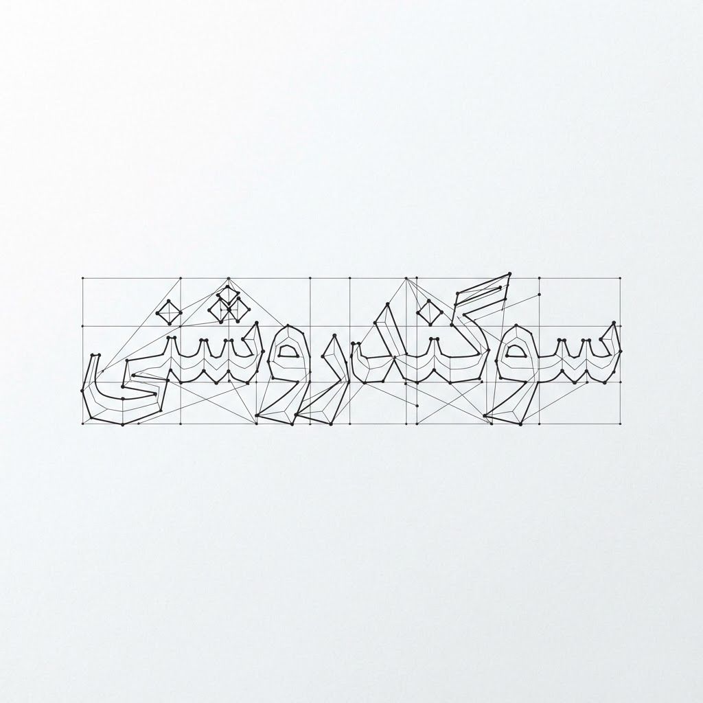 AI Design for An intricate vector logotype featuring the exact Persian text 'سوگند روشنی', styled with discrete mathematics and geometric graph theory. Letters formed by connected vertices, precise grid lines, mathematical nodes, sharp architectural angles, clean black vector typography on a minimalist white background, graphic design.