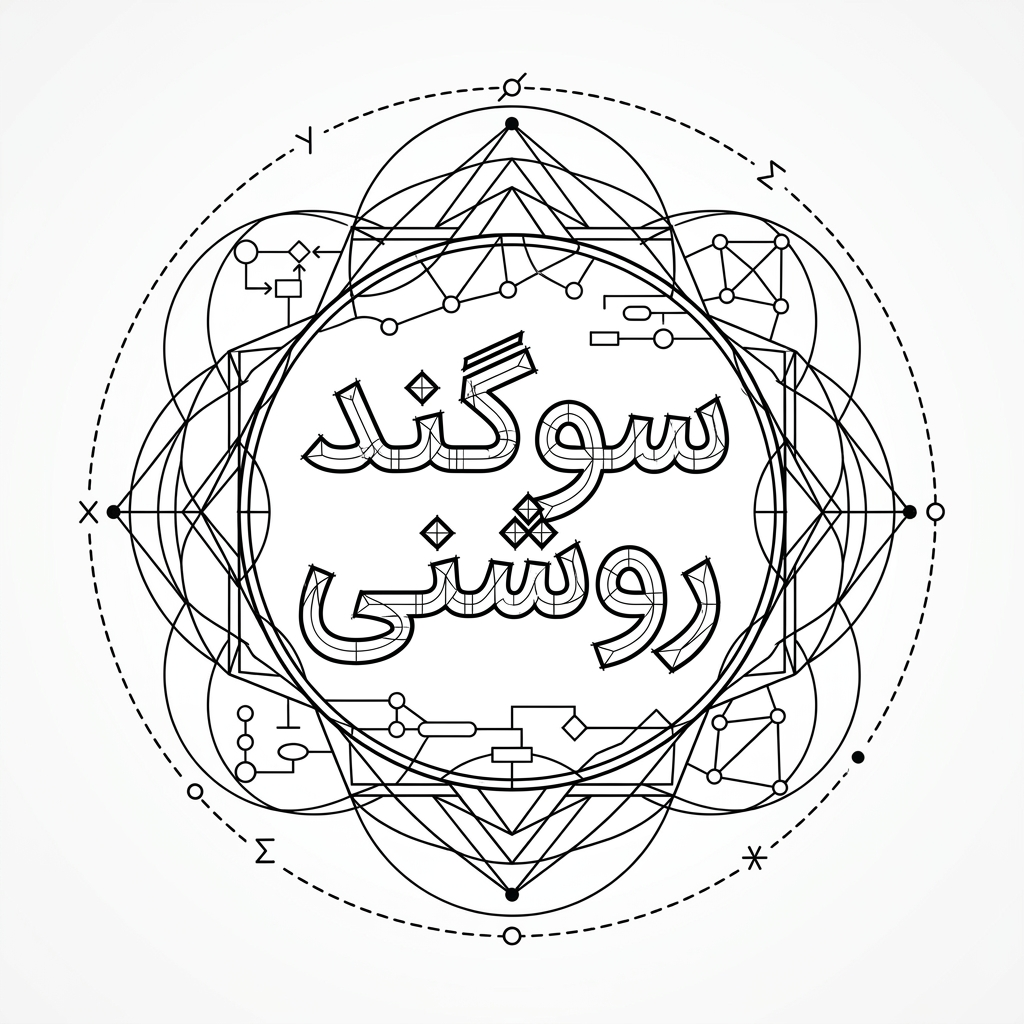 AI Design for An intricate vector logotype featuring the exact Persian text 'سوگند روشنی', elegantly framed by a geometric circle and discrete mathematics graph structures. Letters and surrounding elements formed by connected vertices, precise grid lines, mathematical nodes, sharp architectural angles, clean black vector typography on a minimalist white background.