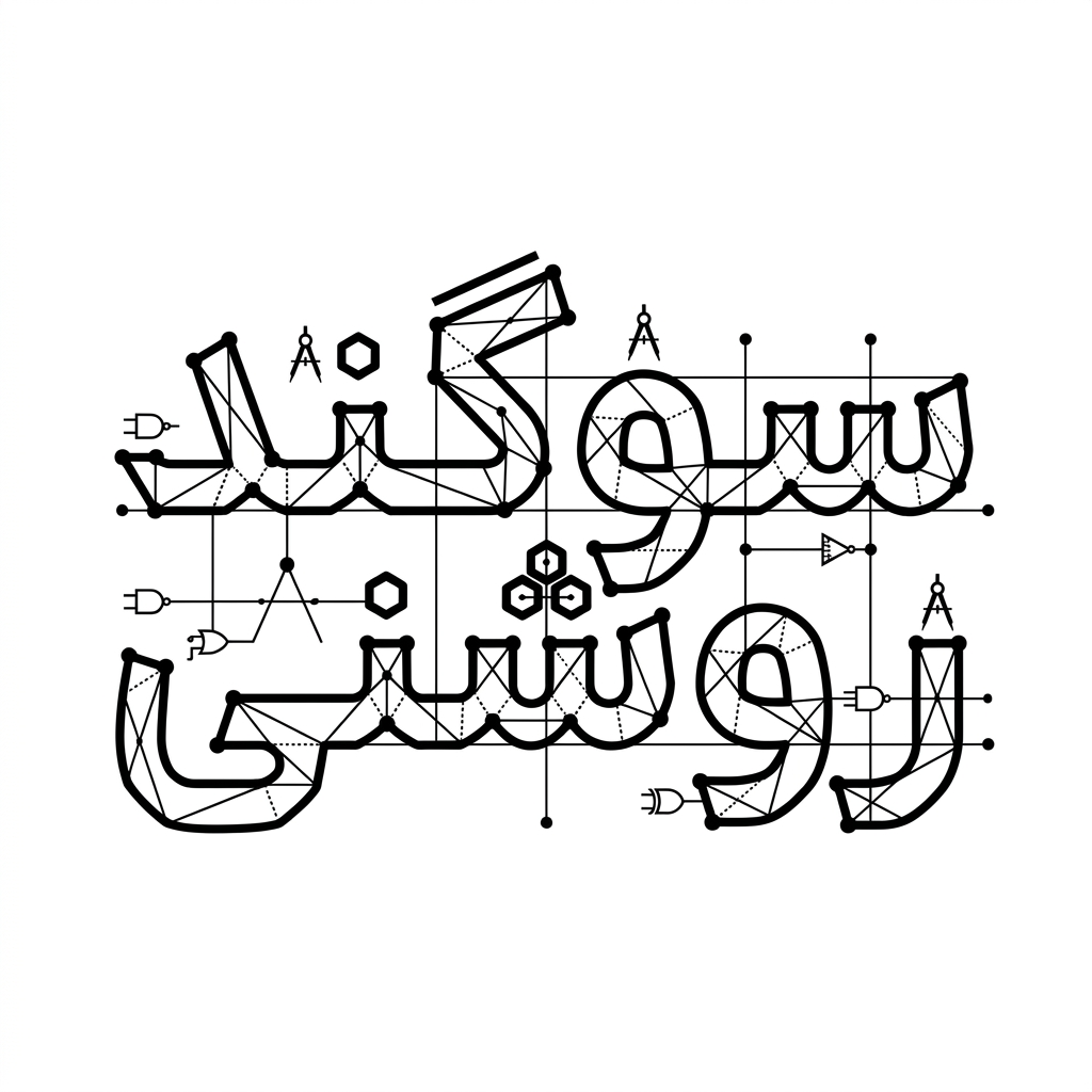 AI Design for An intricate vector logotype featuring the exact Persian text 'سوگند روشنی', styled with discrete mathematics and geometric graph theory. Letters formed by connected vertices, precise grid lines, mathematical nodes, sharp architectural angles, clean black vector typography on a minimalist white background, graphic design.