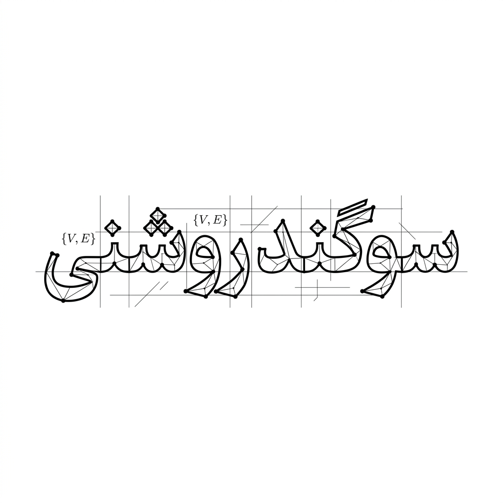 AI Design for An intricate vector logotype featuring the exact Persian text 'سوگند روشنی', styled with discrete mathematics and geometric graph theory. Letters formed by connected vertices, precise grid lines, mathematical nodes, sharp architectural angles, clean black vector typography on a minimalist white background, graphic design.