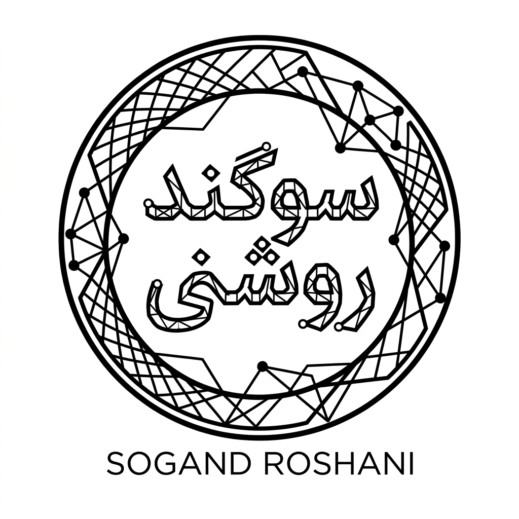 AI Design for An intricate vector logotype featuring the exact Persian text 'سوگند روشنی', elegantly framed by a geometric circle and discrete mathematics graph structures. Letters and surrounding elements formed by connected vertices, precise grid lines, mathematical nodes, sharp architectural angles, clean black vector typography on a minimalist white background.