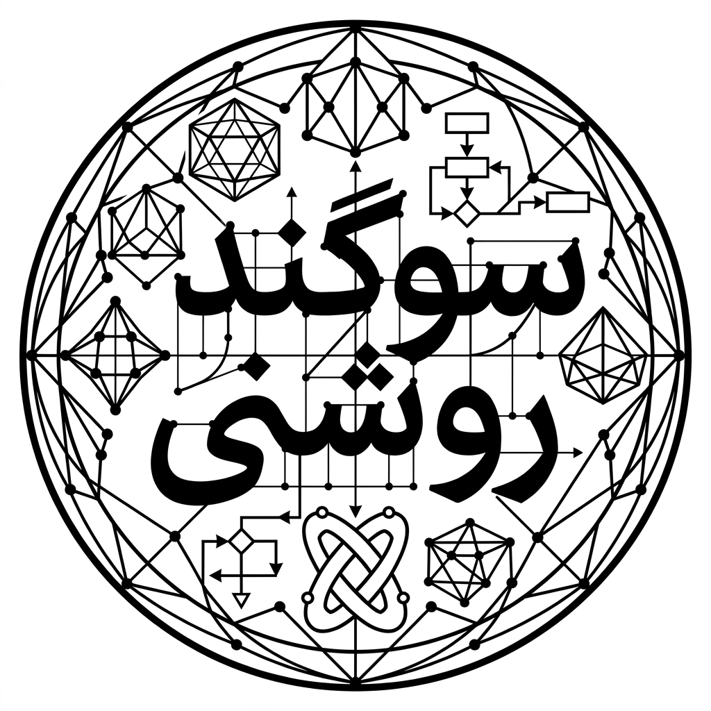 AI Design for An intricate vector logotype featuring the exact Persian text 'سوگند روشنی', elegantly framed by a geometric circle and discrete mathematics graph structures. Letters and surrounding elements formed by connected vertices, precise grid lines, mathematical nodes, sharp architectural angles, clean black vector typography on a minimalist white background.
