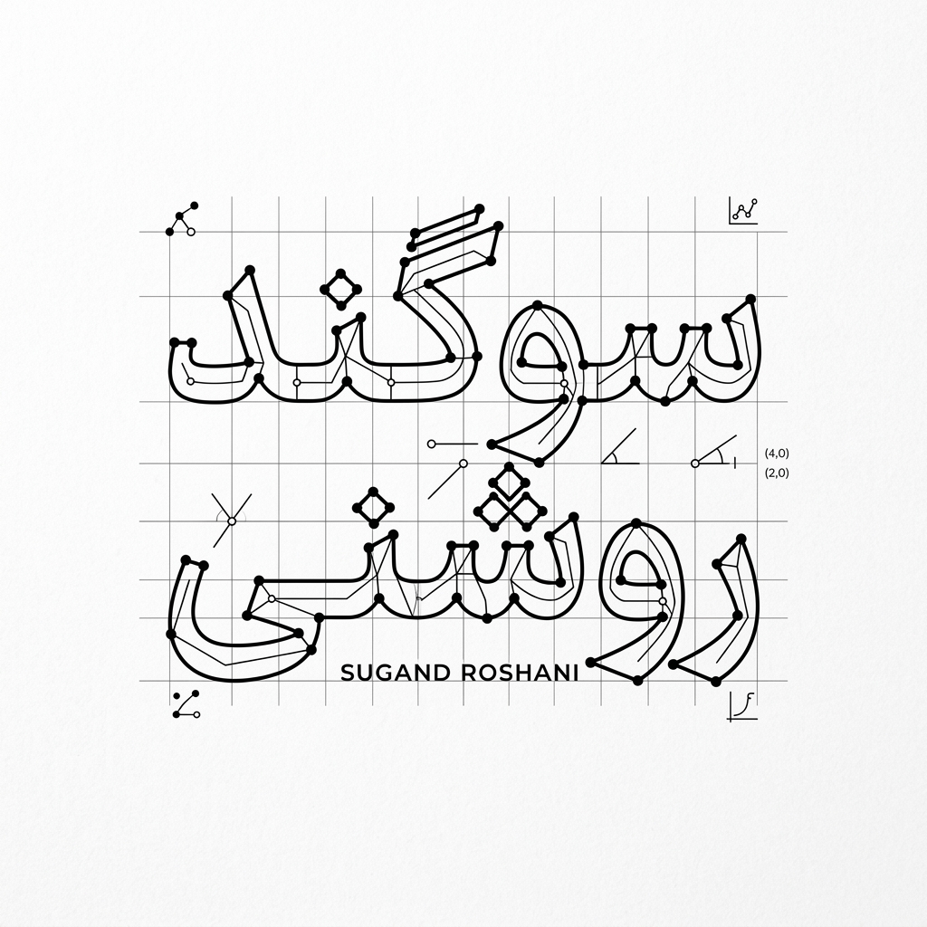 AI Design for An intricate vector logotype featuring the exact Persian text 'سوگند روشنی', styled with discrete mathematics and geometric graph theory. Letters formed by connected vertices, precise grid lines, mathematical nodes, sharp architectural angles, clean black vector typography on a minimalist white background, graphic design.