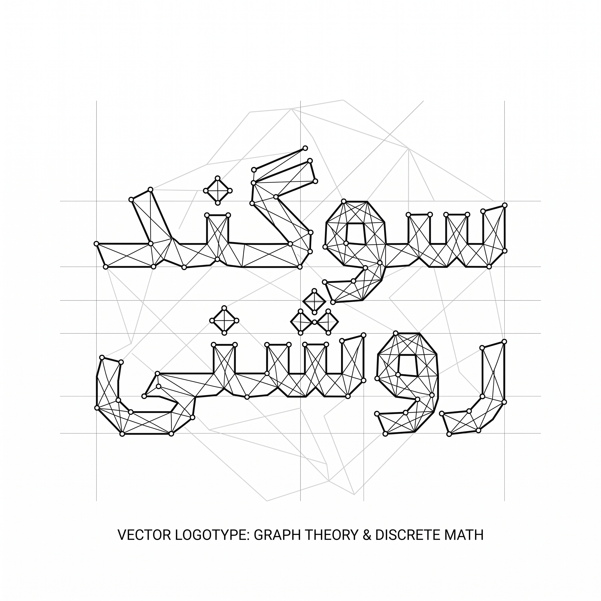 AI Design for An intricate vector logotype featuring the exact Persian text 'سوگند روشنی', styled with discrete mathematics and geometric graph theory. Letters formed by connected vertices, precise grid lines, mathematical nodes, sharp architectural angles, clean black vector typography on a minimalist white background, graphic design.