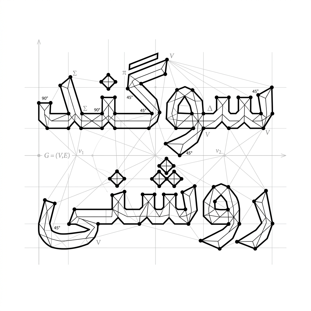 AI Design for An intricate vector logotype featuring the exact Persian text 'سوگند روشنی', styled with discrete mathematics and geometric graph theory. Letters formed by connected vertices, precise grid lines, mathematical nodes, sharp architectural angles, clean black vector typography on a minimalist white background, graphic design.