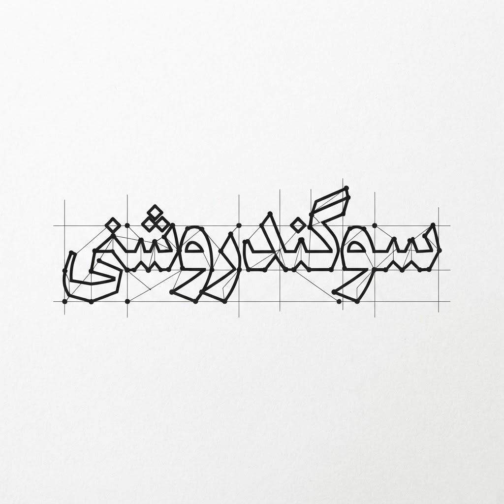 AI Design for An intricate vector logotype featuring the exact Persian text 'سوگند روشنی', styled with discrete mathematics and geometric graph theory. Letters formed by connected vertices, precise grid lines, mathematical nodes, sharp architectural angles, clean black vector typography on a minimalist white background, graphic design.