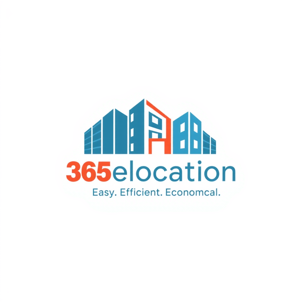 AI Design for Design a logo for a relocation company helping people move home and relocate to different countries called 365 Relocationuse only 2 colors from red, black, blue, grey preferredCan you generate a logo?the slogan is : Easy. Efficient. Economical.