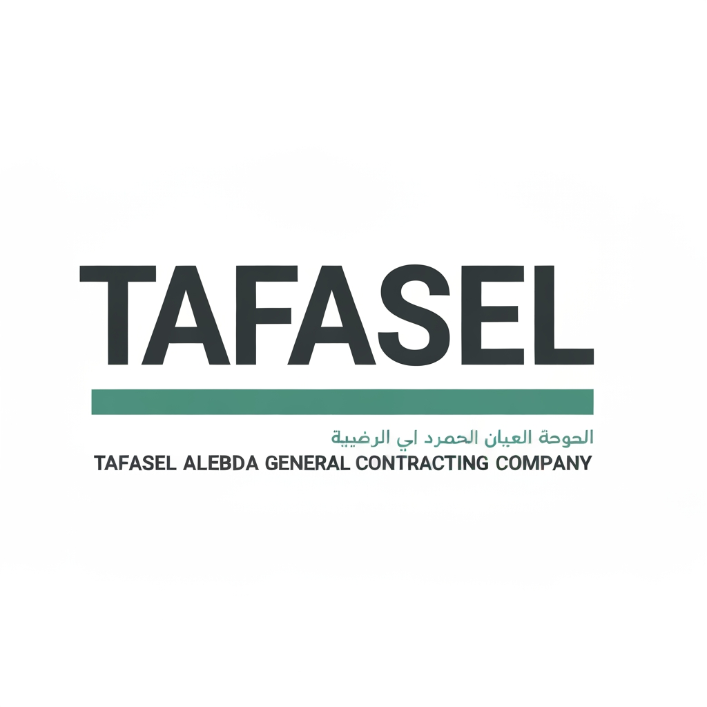 Minimalist and professional corporate logo for a general contracting company. The main focus is the word "TAFASEL" in a bold, wide, modern sans-serif typeface in dark charcoal gray. Below the text is a thick, solid horizontal divider line in a muted teal-green color. Underneath the line, two rows of smaller subtext are centered: the first row is clean Arabic typography "شركة تفاصيل الإبداع للمقاولات العامة", and the second row is the English text "TAFASEL ALEBDA GENERAL CONTRACTING COMPANY" in a condensed, uppercase font matching the teal color. The design is clean, flat vector, centered on a solid white background, emphasizing stability, precision, and modern architectural identity. High resolution, 4k, sharp edges.